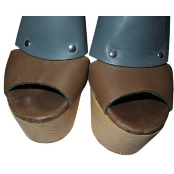 Marni Italian Leather Color Block Wooden Heeled Platform Slingback Studded Heels - Picture 2 of 14